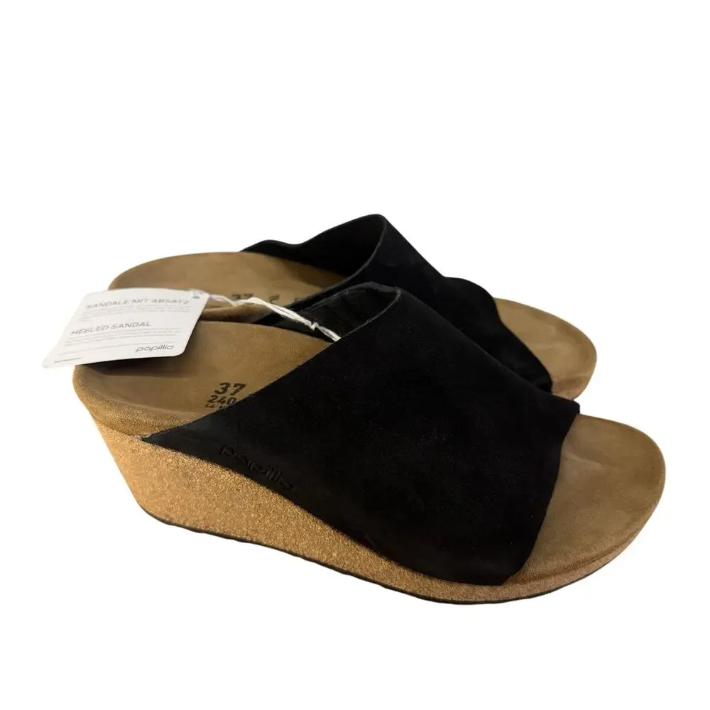 Papillio Birkenstock Wedge Sandals Womens 37 US 6 Black Suede New